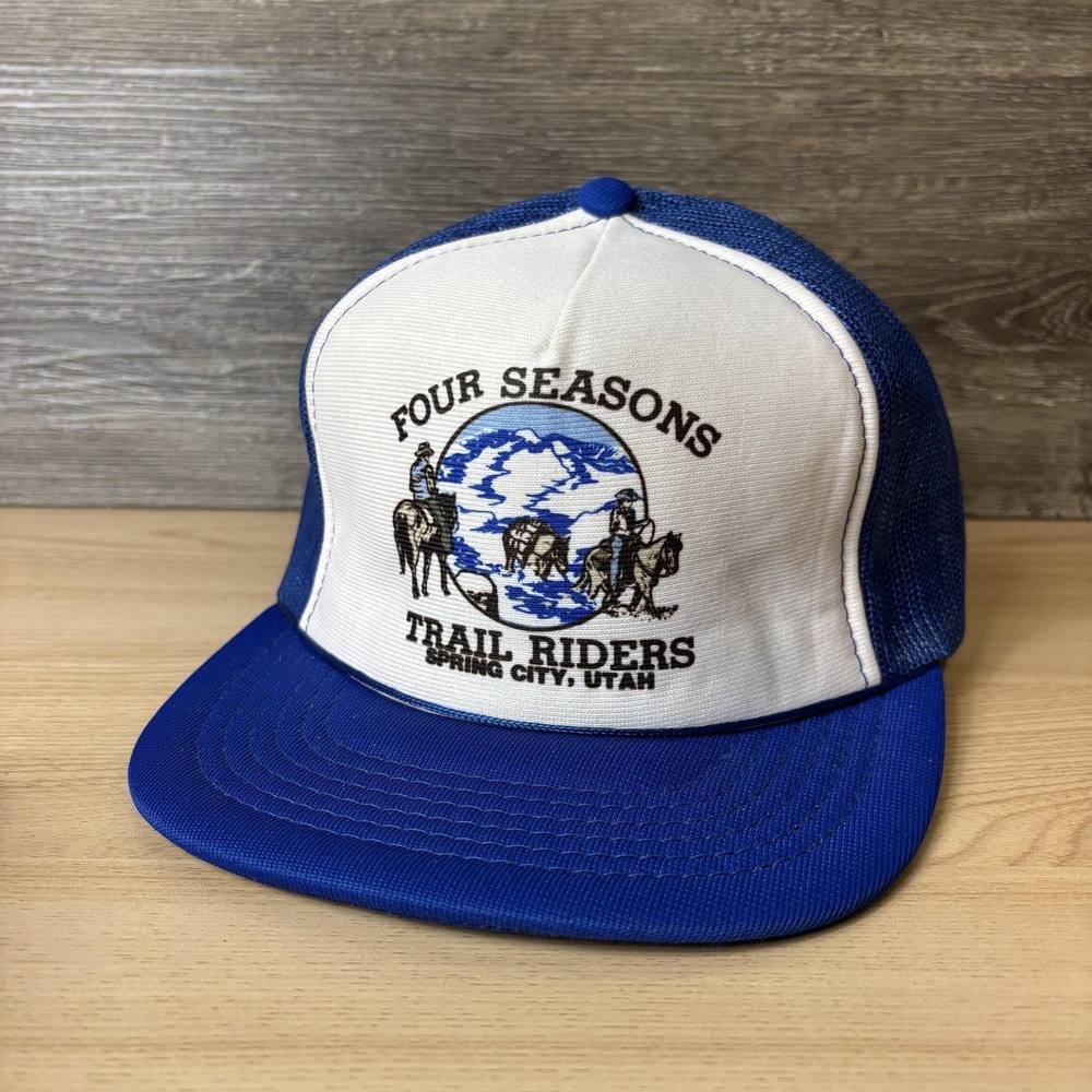 VINTAGE Four Seasons Trail Riders Hat Snap Back Trucker Blue Spring City Utah - Picture 3 of 9